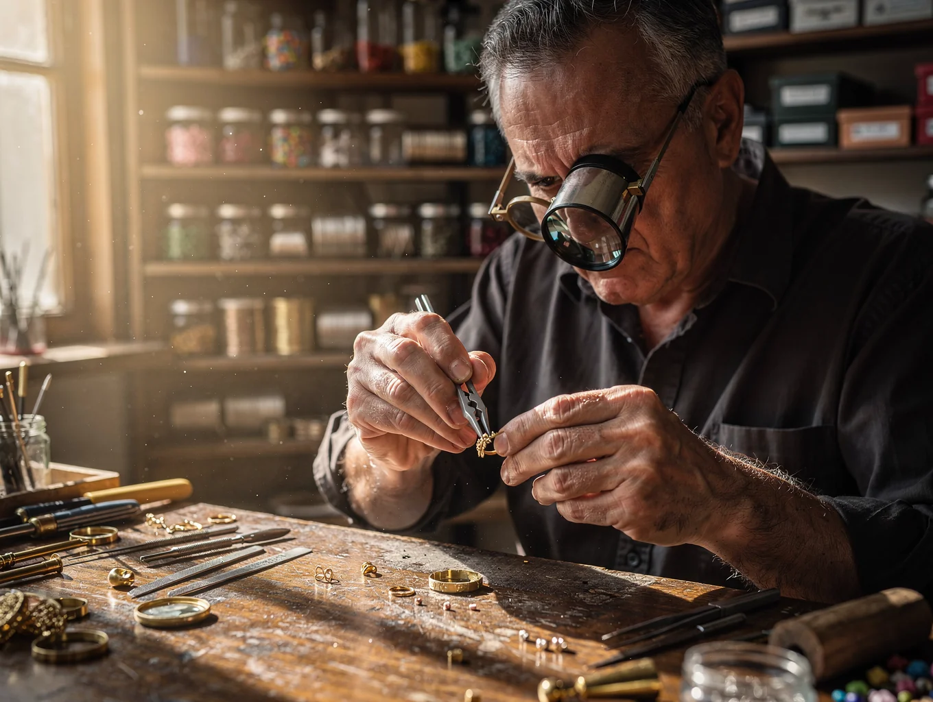 Goldsmith hand-working fine gold filigree at the jeweler workbench