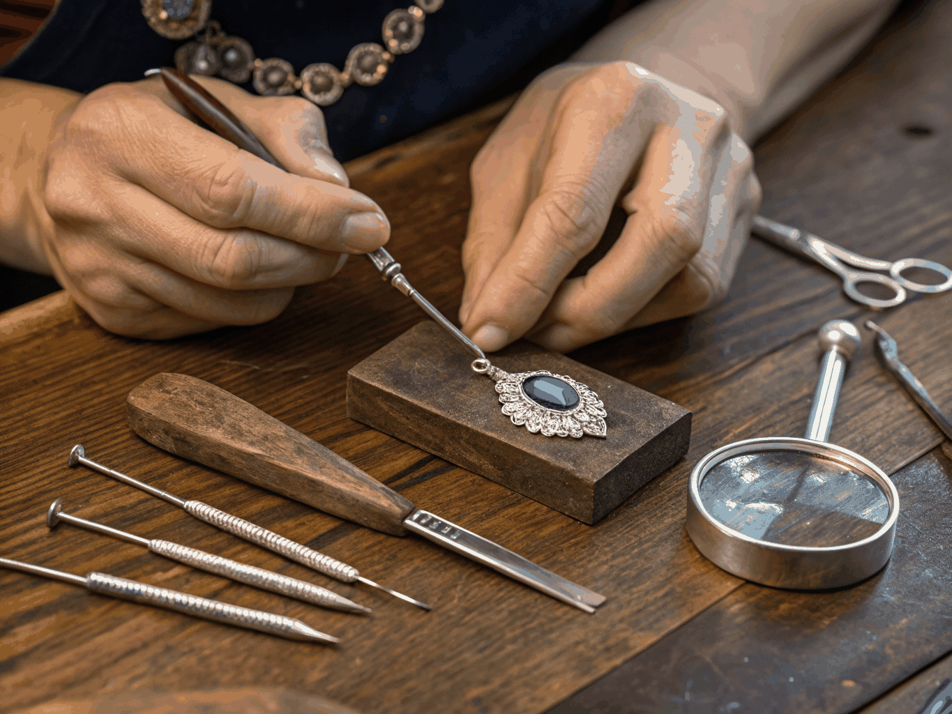 Artisan applying vibrant mineral enamel paste to gold jewelry crevices