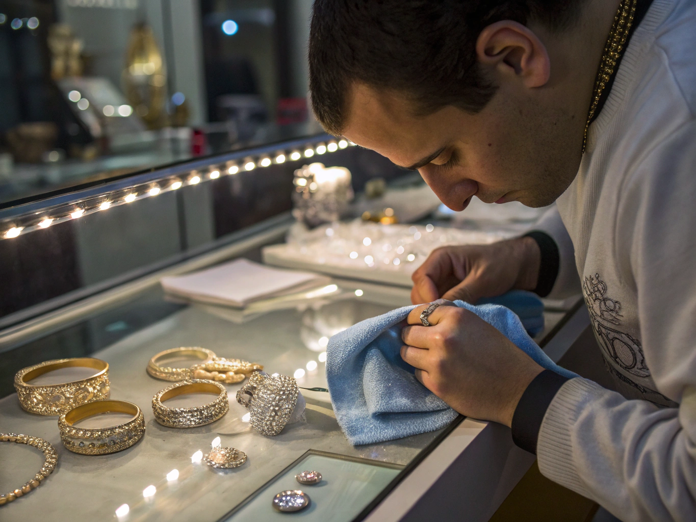 Polishing finished gold jewelry piece on artisanal buffing wheel