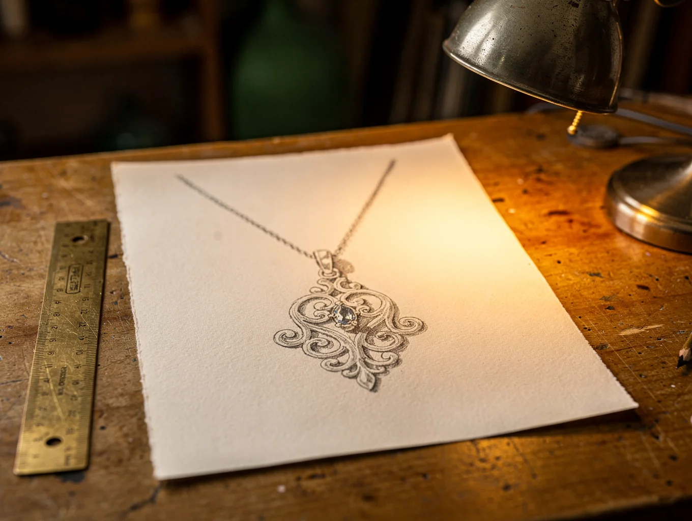 Detailed artisanal sketch and technical drawings of gold jewelry