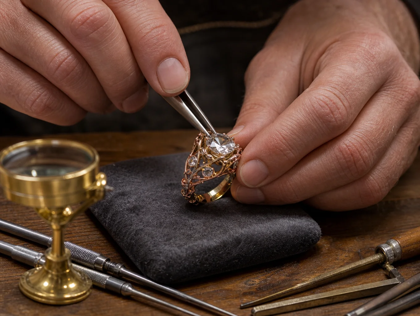 Close-up of microscope stone setting on gemstone statement ring