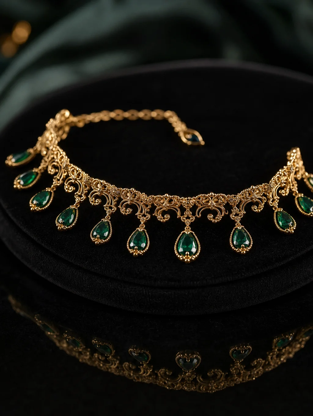 Emerald green gemstone jewelry with jade-toned details and gold ornamentation on a warm ivory background
