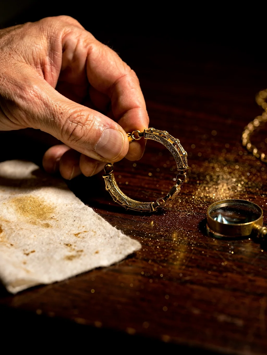 Delicate hands gently polishing an artisanal gold-tone filigree cuff with a soft microfibre cloth