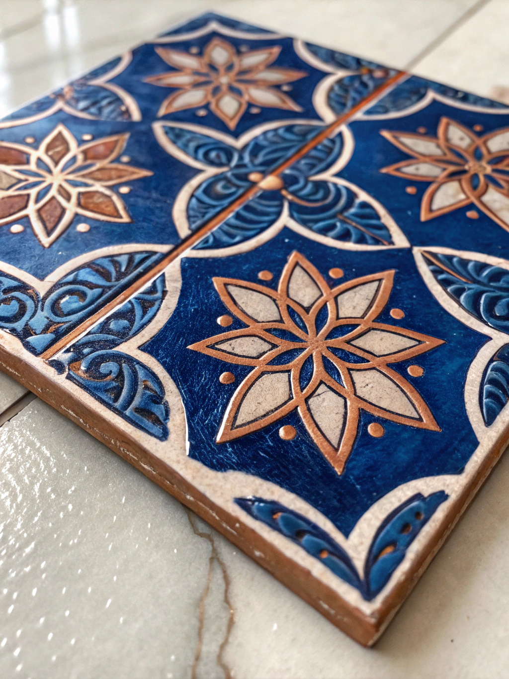Extreme close-up macro texture of fired cobalt blue and ivory minakari enamel cell on black background