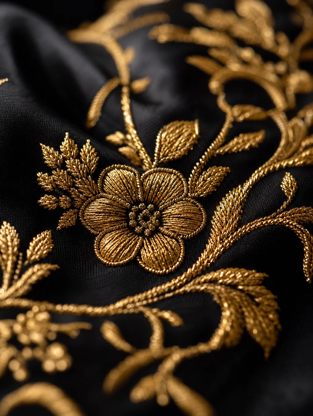 Extreme macro photograph of intricate hand-twisted gold filigree wirework texture on dark espresso background