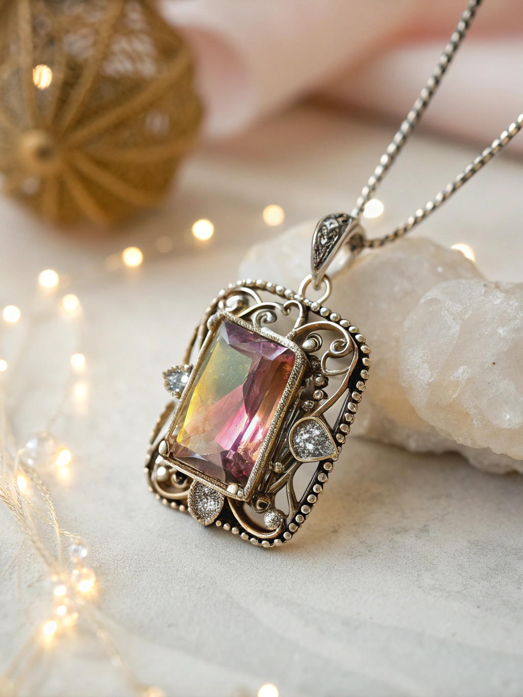 Sculptural gold filigree statement jewelry with blue-white enamel and gemstone details on burgundy backdrop.