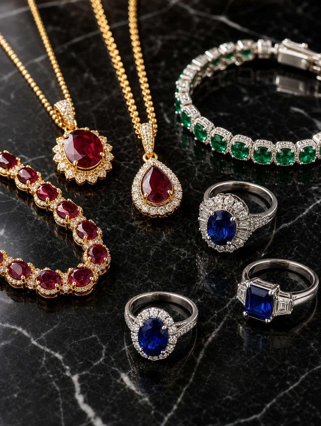 Ruby red, rose pink and deep red gemstone jewelry with gold detailing on cream background.